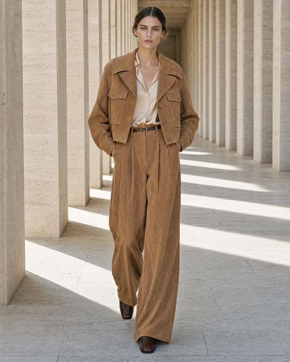 Casual Tan Faux-suede Cropped Jacket And Wide-leg Pants Set MVA002150AA