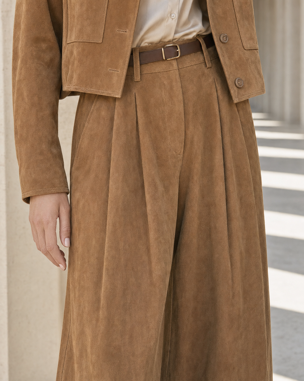 Casual Tan Faux-suede Cropped Jacket And Wide-leg Pants Set MVA002150AA