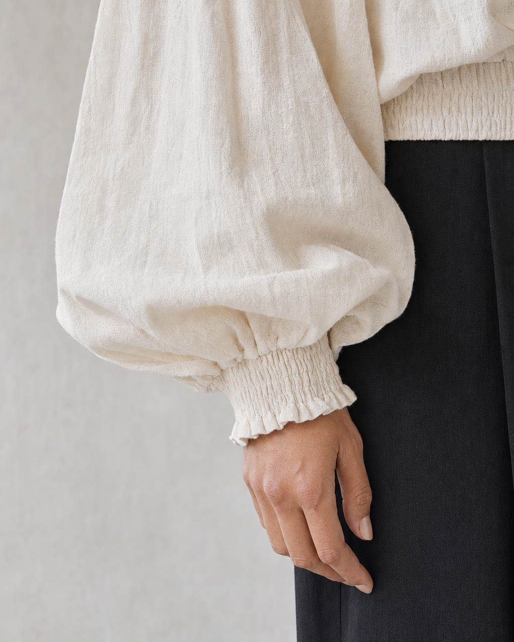 Casual Ivory Off-shoulder Balloon-sleeve Top And Black Wide-leg Pants Set MVA002170AA