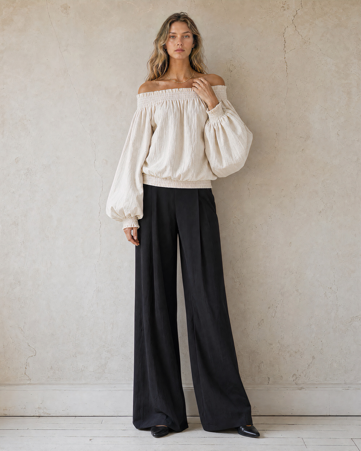 Casual Ivory Off-shoulder Balloon-sleeve Top And Black Wide-leg Pants Set MVA002170AA