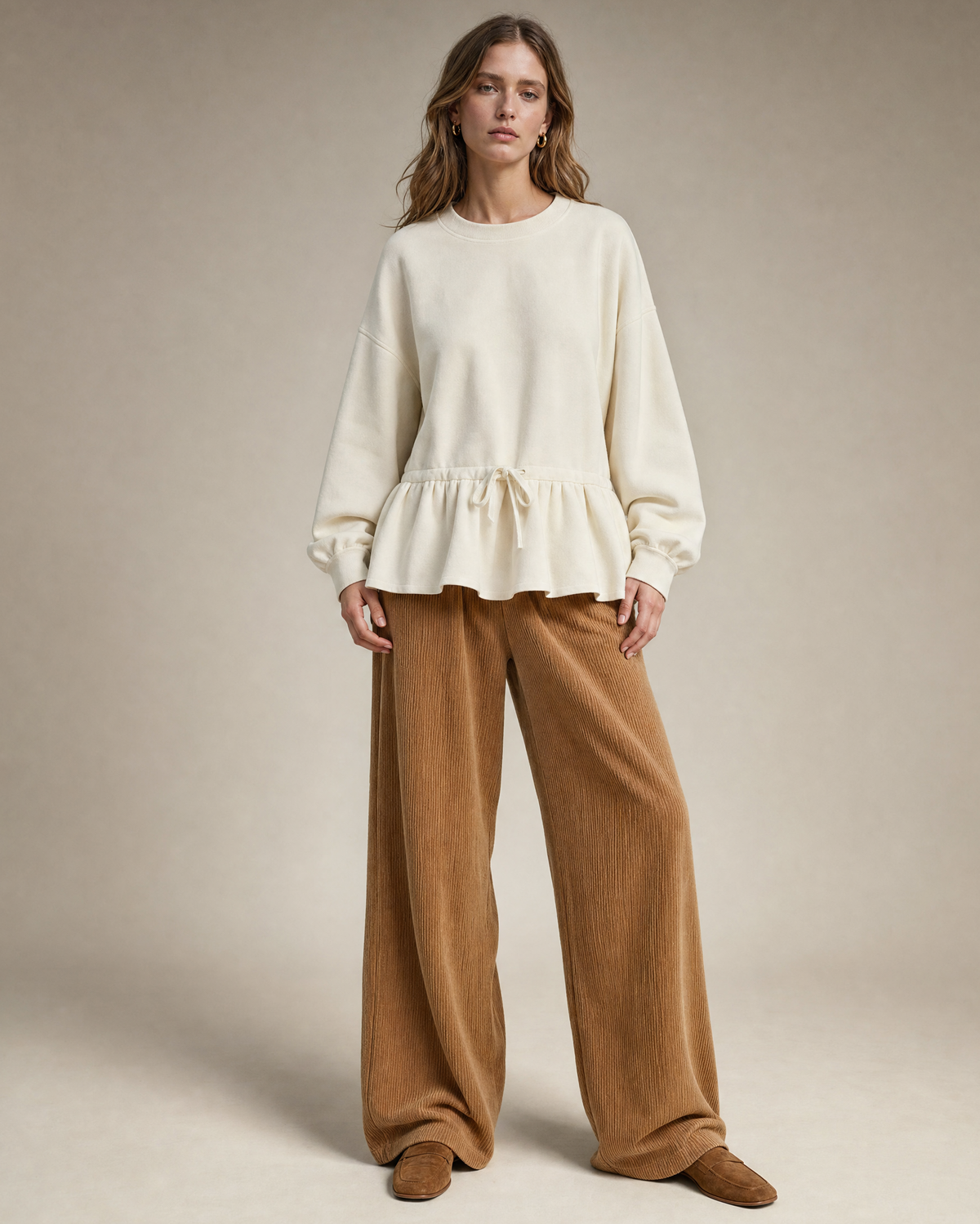Casual Ivory Knit Crew-neck Long-sleeve Drawstring Peplum Top MVA002180AA