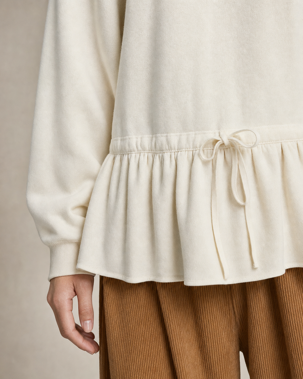 Casual Ivory Knit Crew-neck Long-sleeve Drawstring Peplum Top MVA002180AA
