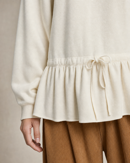 Casual Ivory Knit Crew-neck Long-sleeve Drawstring Peplum Top MVA002180AA