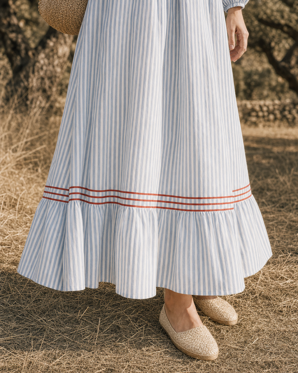 Bohemian Blue And White Striped Cotton V-neck Long-sleeve Tiered Maxi Dress MVA002190AA