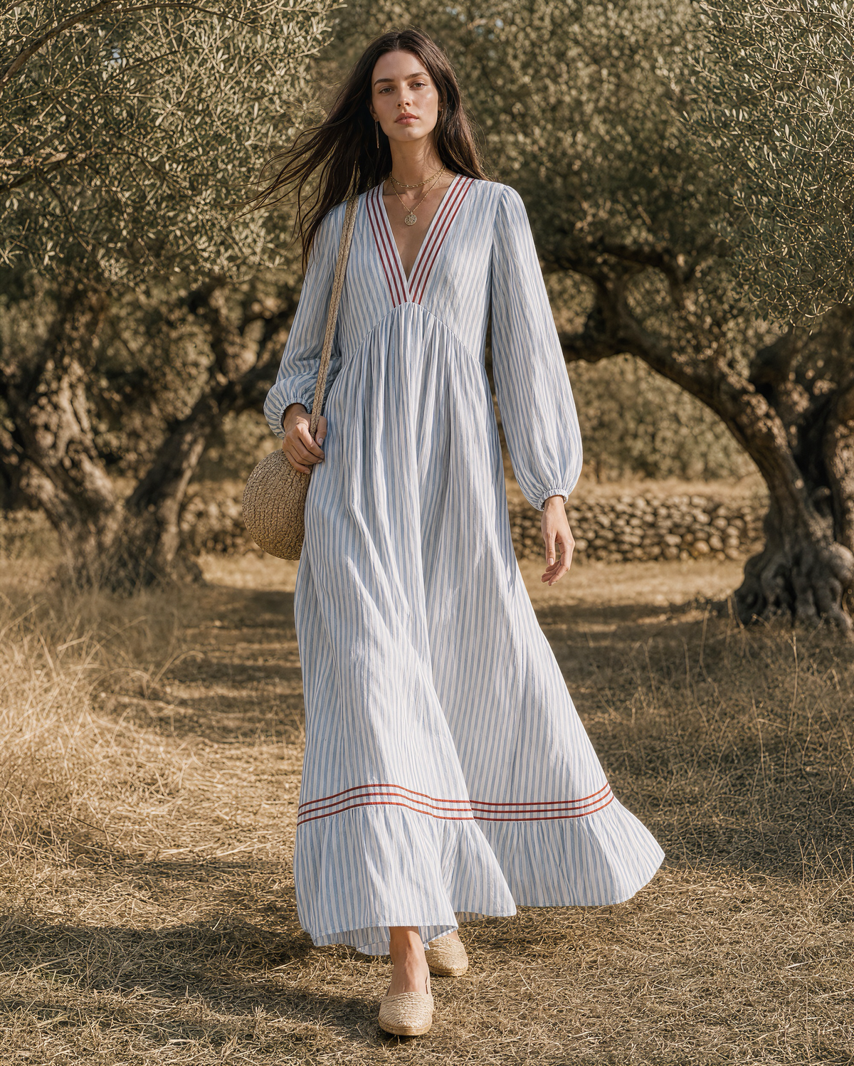Bohemian Blue And White Striped Cotton V-neck Long-sleeve Tiered Maxi Dress MVA002190AA