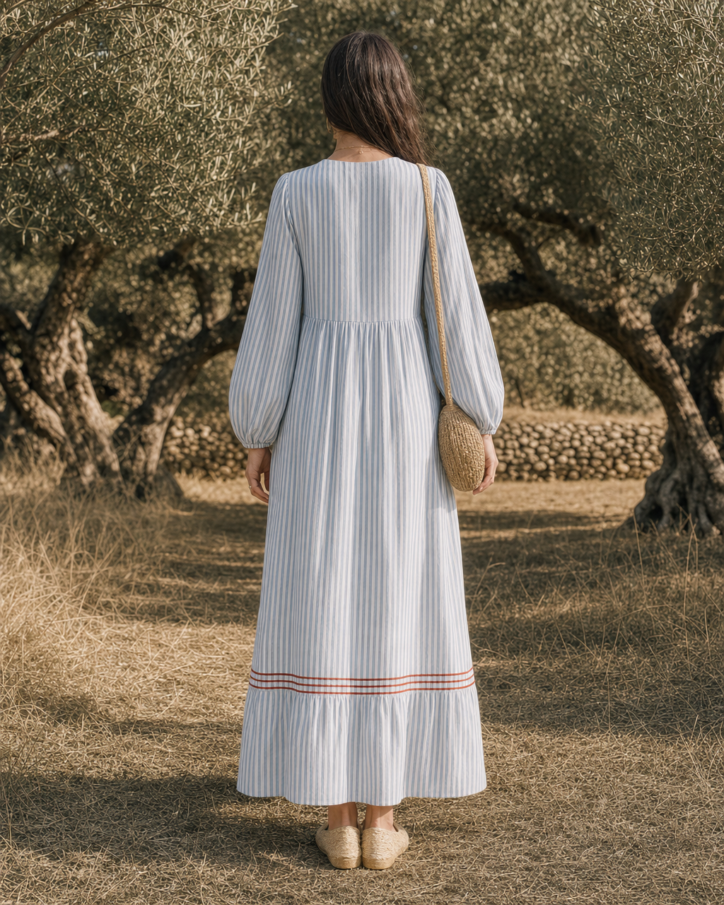 Bohemian Blue And White Striped Cotton V-neck Long-sleeve Tiered Maxi Dress MVA002190AA