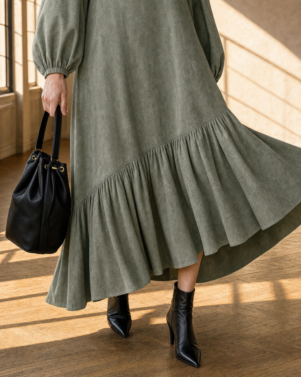 Casual Sage Green Woven Stand-collar Long-sleeve Ruffle Midi Dress MVA002200AA