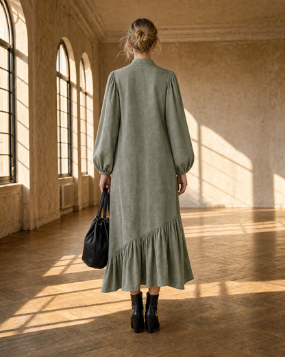 Casual Sage Green Woven Stand-collar Long-sleeve Ruffle Midi Dress MVA002200AA