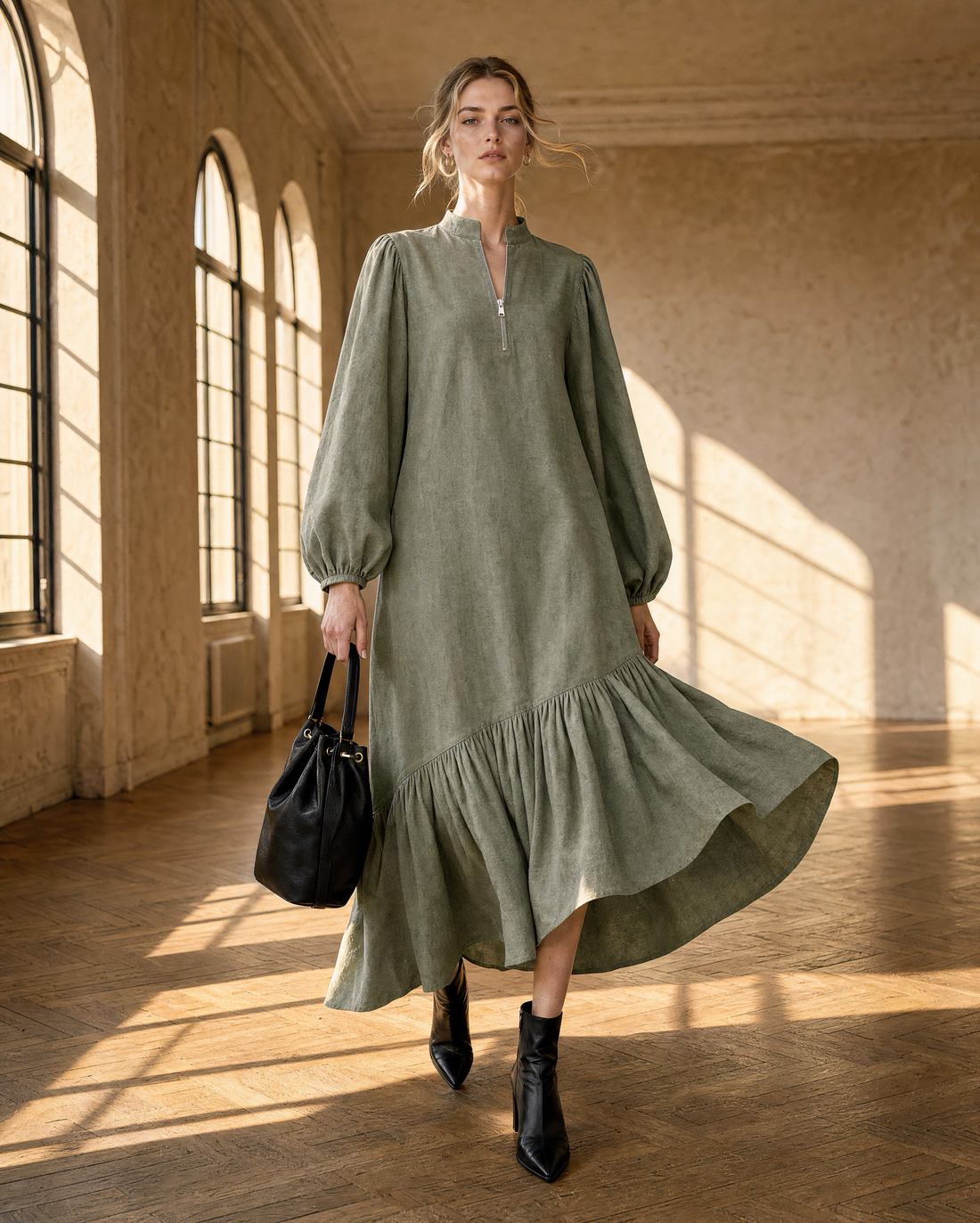 Casual Sage Green Woven Stand-collar Long-sleeve Ruffle Midi Dress MVA002200AA