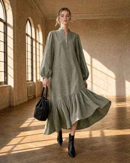 Casual Sage Green Woven Stand-collar Long-sleeve Ruffle Midi Dress MVA002200AA
