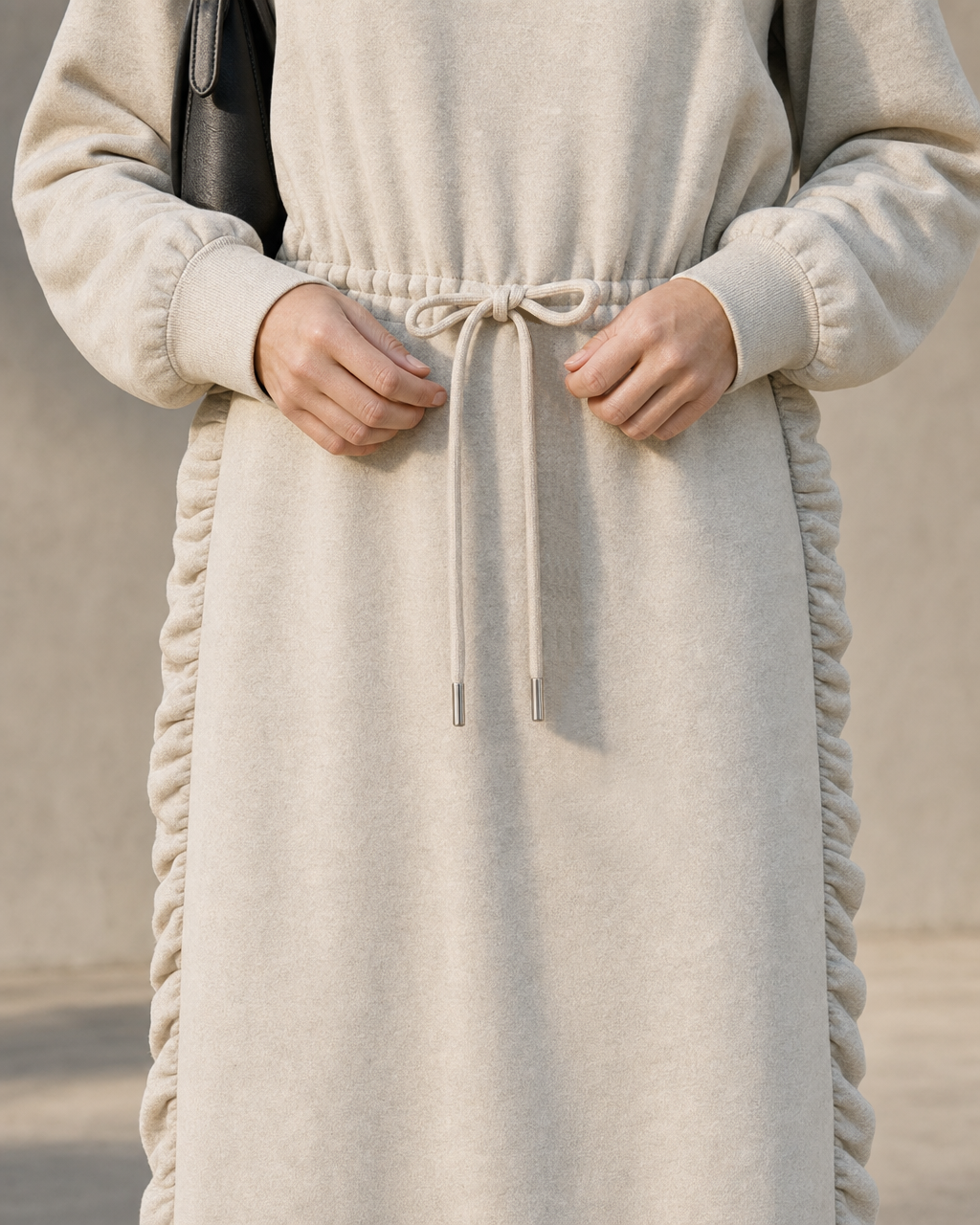 Casual Oatmeal Brushed Knit Hooded Long-sleeve Drawstring Maxi Dress MVA002210AA