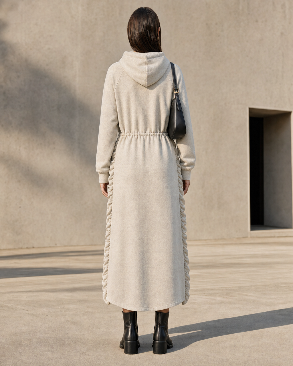 Casual Oatmeal Brushed Knit Hooded Long-sleeve Drawstring Maxi Dress MVA002210AA