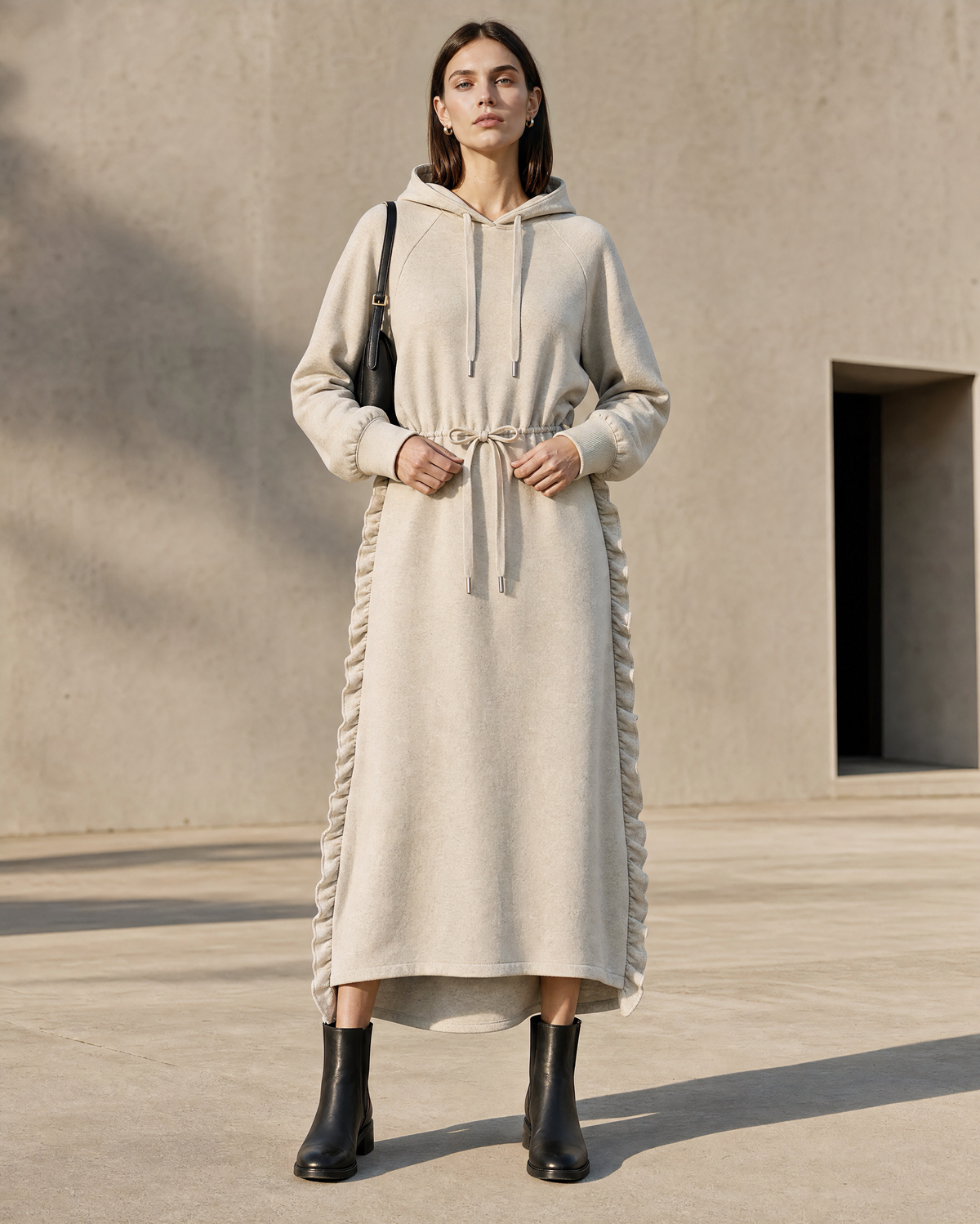 Casual Oatmeal Brushed Knit Hooded Long-sleeve Drawstring Maxi Dress MVA002210AA