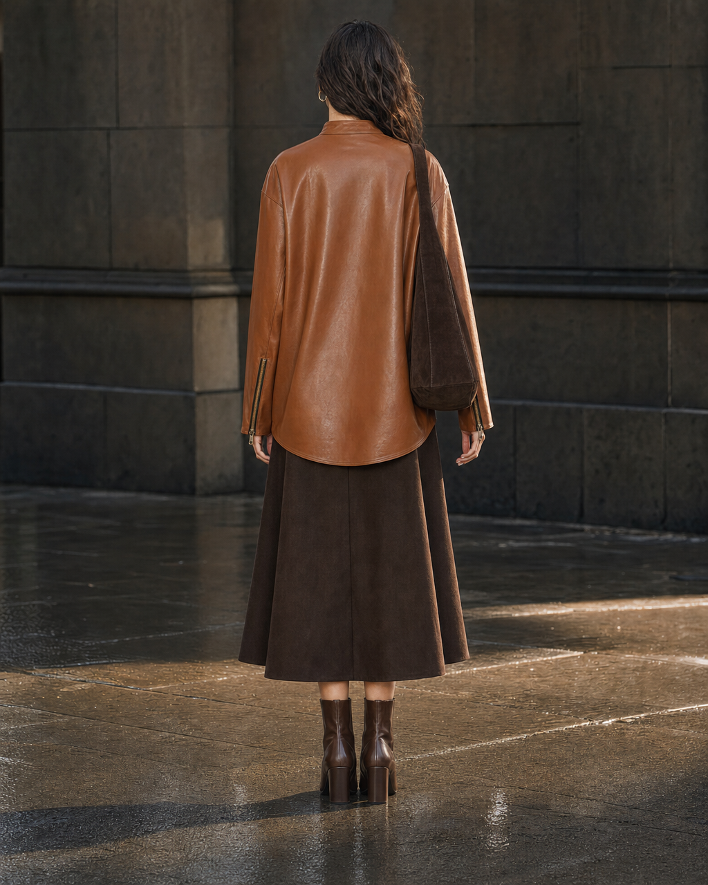 Casual Cognac Faux Leather Stand-collar Long-sleeve Zip Jacket MVA002220AA
