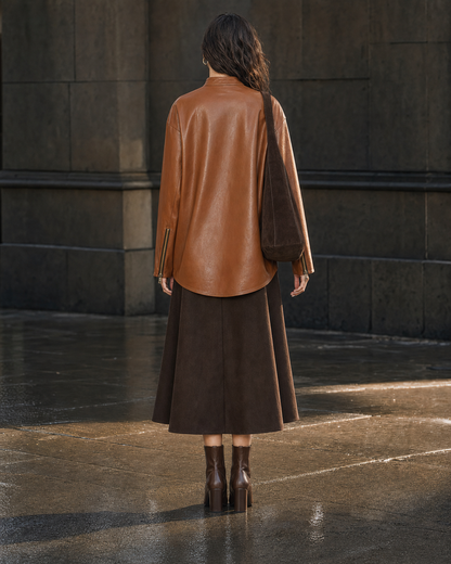 Casual Cognac Faux Leather Stand-collar Long-sleeve Zip Jacket MVA002220AA