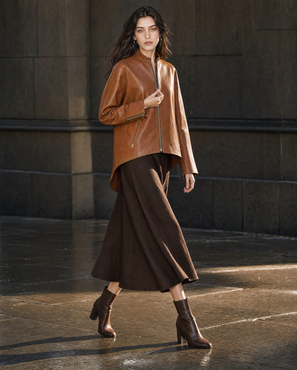 Casual Cognac Faux Leather Stand-collar Long-sleeve Zip Jacket MVA002220AA