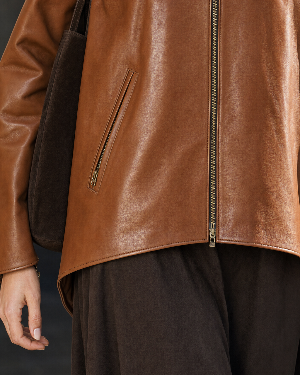 Casual Cognac Faux Leather Stand-collar Long-sleeve Zip Jacket MVA002220AA