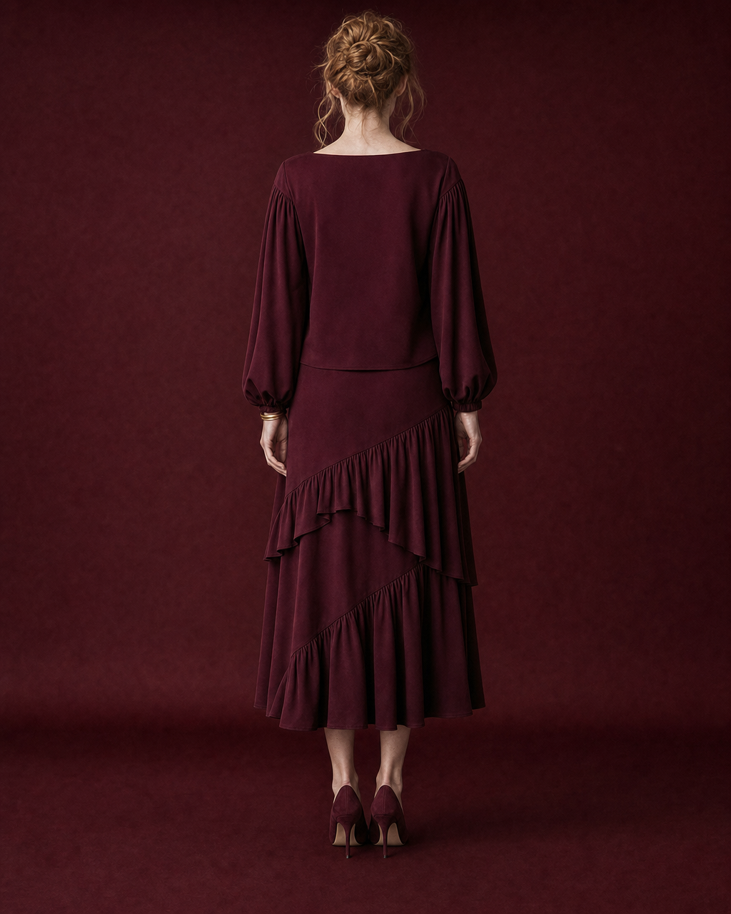Elegant Burgundy Woven Boat-neck Long-sleeve Ruffle Midi Two-piece Set MVA002230AA