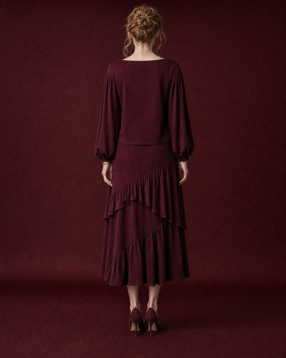 Elegant Burgundy Woven Boat-neck Long-sleeve Ruffle Midi Two-piece Set MVA002230AA