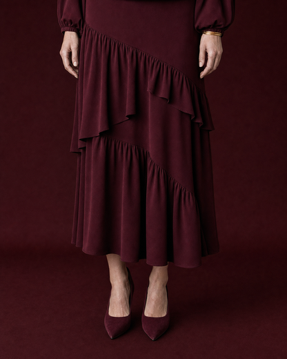 Elegant Burgundy Woven Boat-neck Long-sleeve Ruffle Midi Two-piece Set MVA002230AA