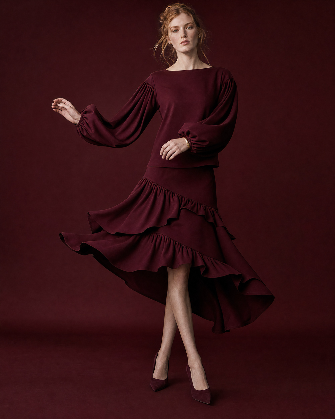 Elegant Burgundy Woven Boat-neck Long-sleeve Ruffle Midi Two-piece Set MVA002230AA
