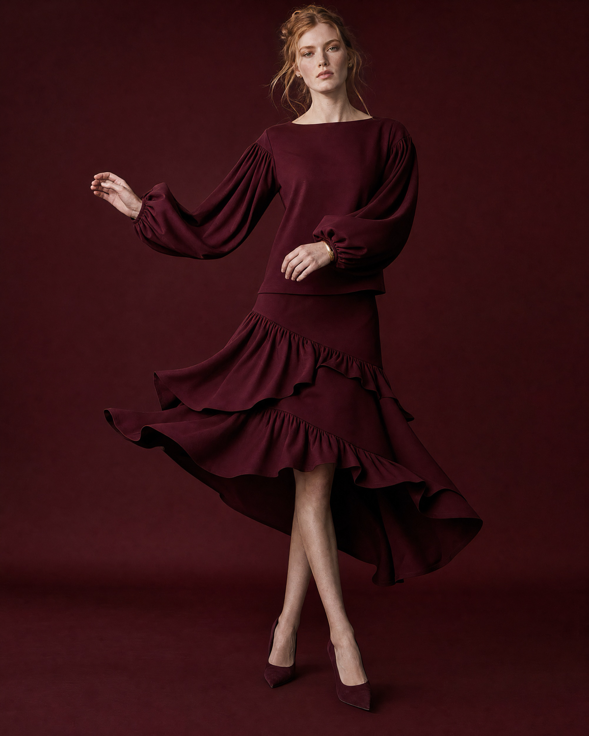 Elegant Burgundy Woven Boat-neck Long-sleeve Ruffle Midi Two-piece Set MVA002230AA