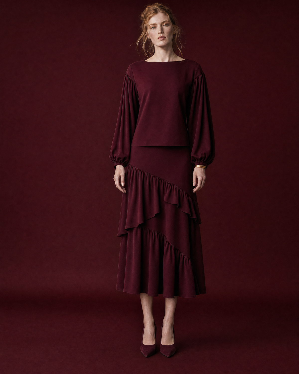 Elegant Burgundy Woven Boat-neck Long-sleeve Ruffle Midi Two-piece Set MVA002230AA