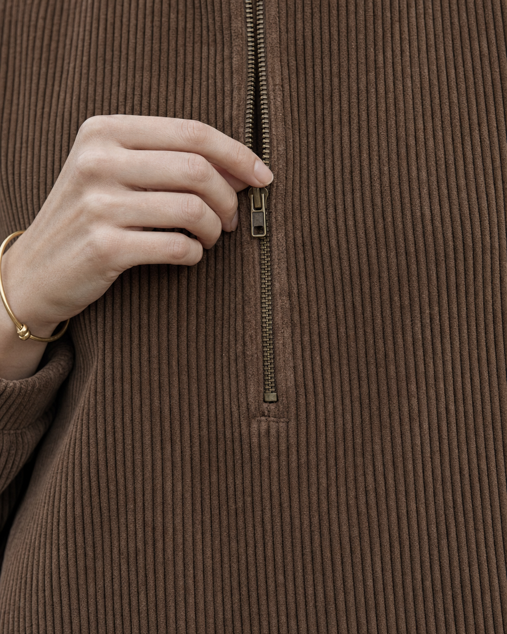 Casual Brown Corduroy Half-zip Long-sleeve Wide-leg Two-piece Set MVA002240AA