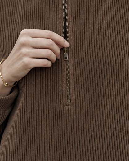 Casual Brown Corduroy Half-zip Long-sleeve Wide-leg Two-piece Set MVA002240AA