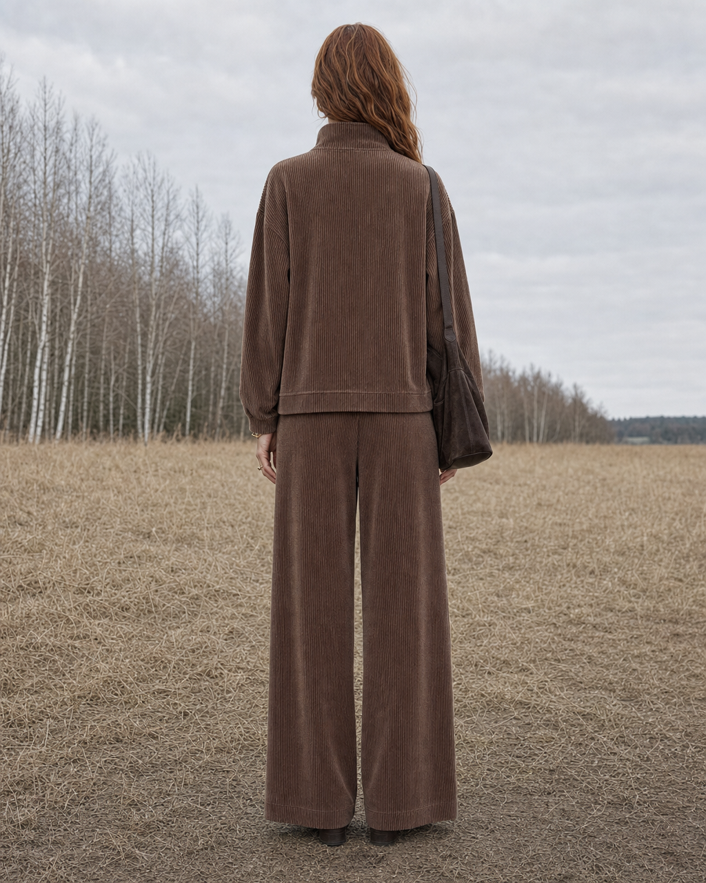 Casual Brown Corduroy Half-zip Long-sleeve Wide-leg Two-piece Set MVA002240AA