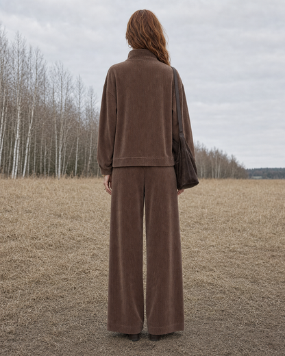 Casual Brown Corduroy Half-zip Long-sleeve Wide-leg Two-piece Set MVA002240AA