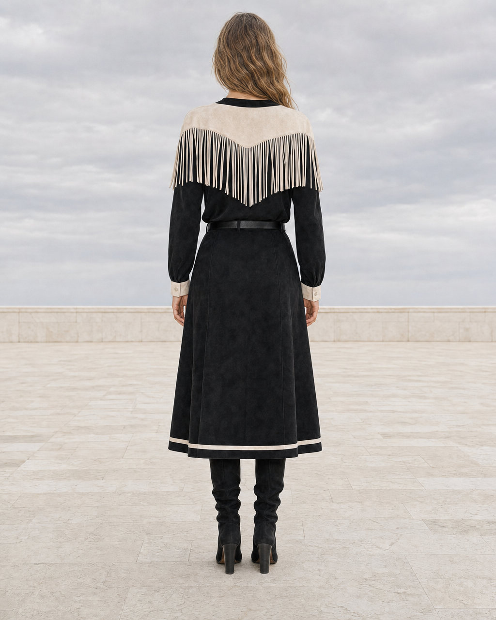 Bohemian Black Faux Suede Crew-neck Long-sleeve Fringe Two-piece Set MVA002250AA