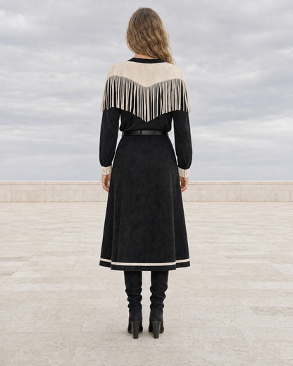 Bohemian Black Faux Suede Crew-neck Long-sleeve Fringe Two-piece Set MVA002250AA