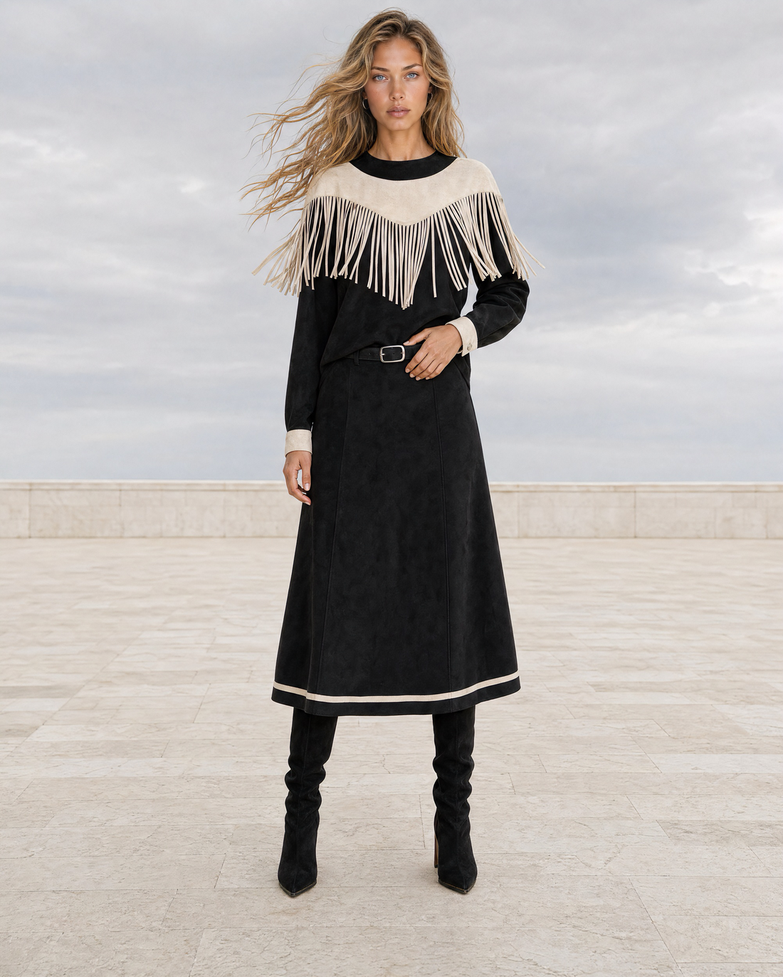 Bohemian Black Faux Suede Crew-neck Long-sleeve Fringe Two-piece Set MVA002250AA