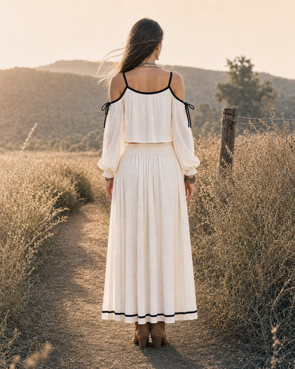 Bohemian Ivory Woven Off-shoulder Long-sleeve Crop Top And Maxi Skirt Set MVA002260AA