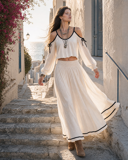 Bohemian Ivory Woven Off-shoulder Long-sleeve Crop Top And Maxi Skirt Set MVA002260AA