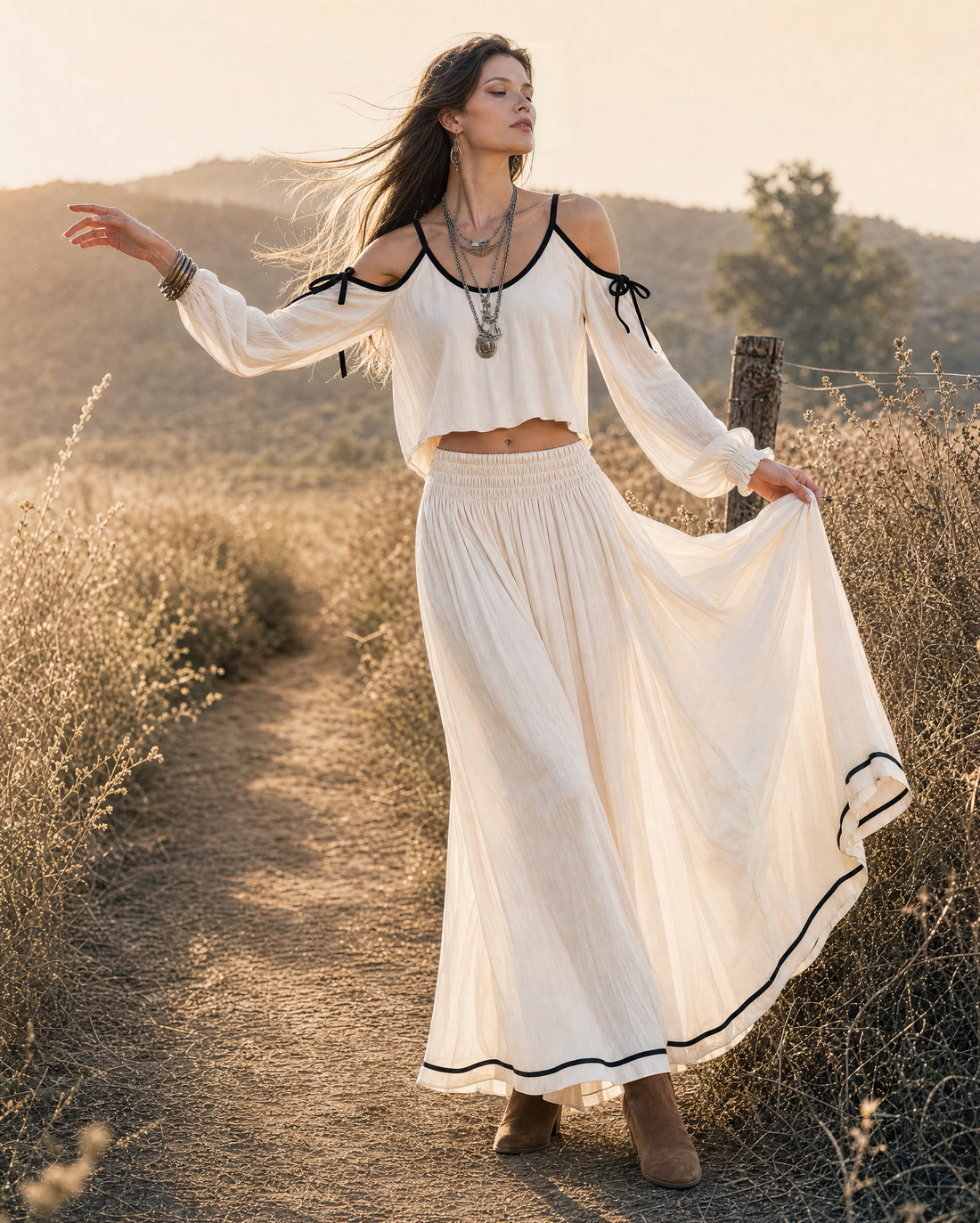 Bohemian Ivory Woven Off-shoulder Long-sleeve Crop Top And Maxi Skirt Set MVA002260AA