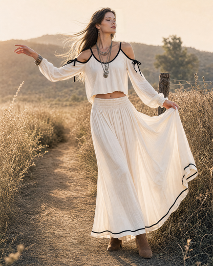 Bohemian Ivory Woven Off-shoulder Long-sleeve Crop Top And Maxi Skirt Set MVA002260AA