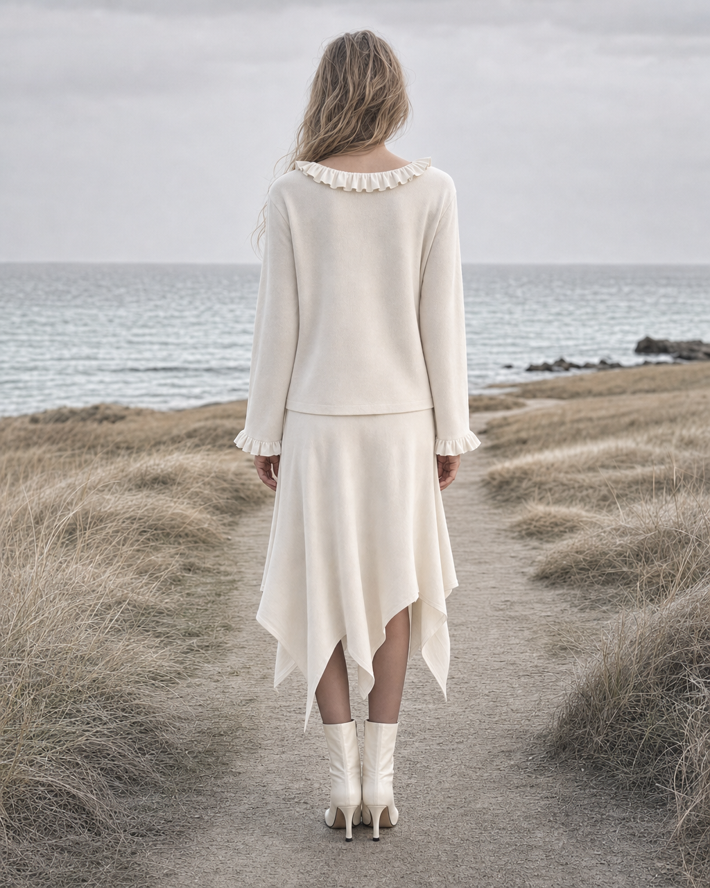 Elegant Cream Knit V-neck Long-sleeve Ruffle Top And Handkerchief Skirt Set MVA002280AA