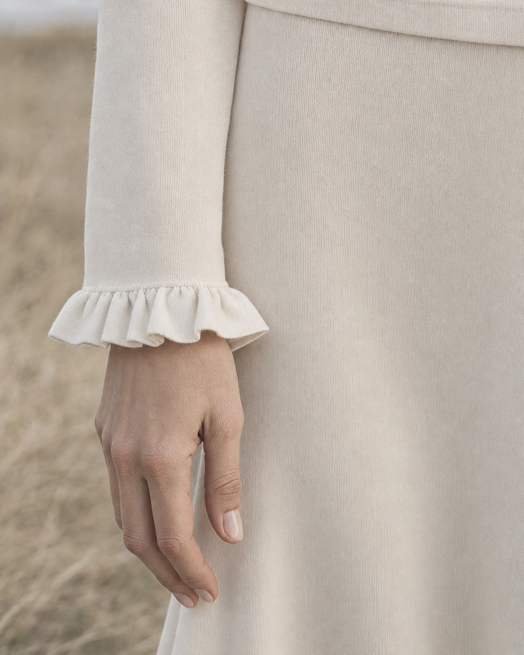 Elegant Cream Knit V-neck Long-sleeve Ruffle Top And Handkerchief Skirt Set MVA002280AA