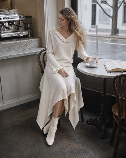 Elegant Cream Knit V-neck Long-sleeve Ruffle Top And Handkerchief Skirt Set MVA002280AA