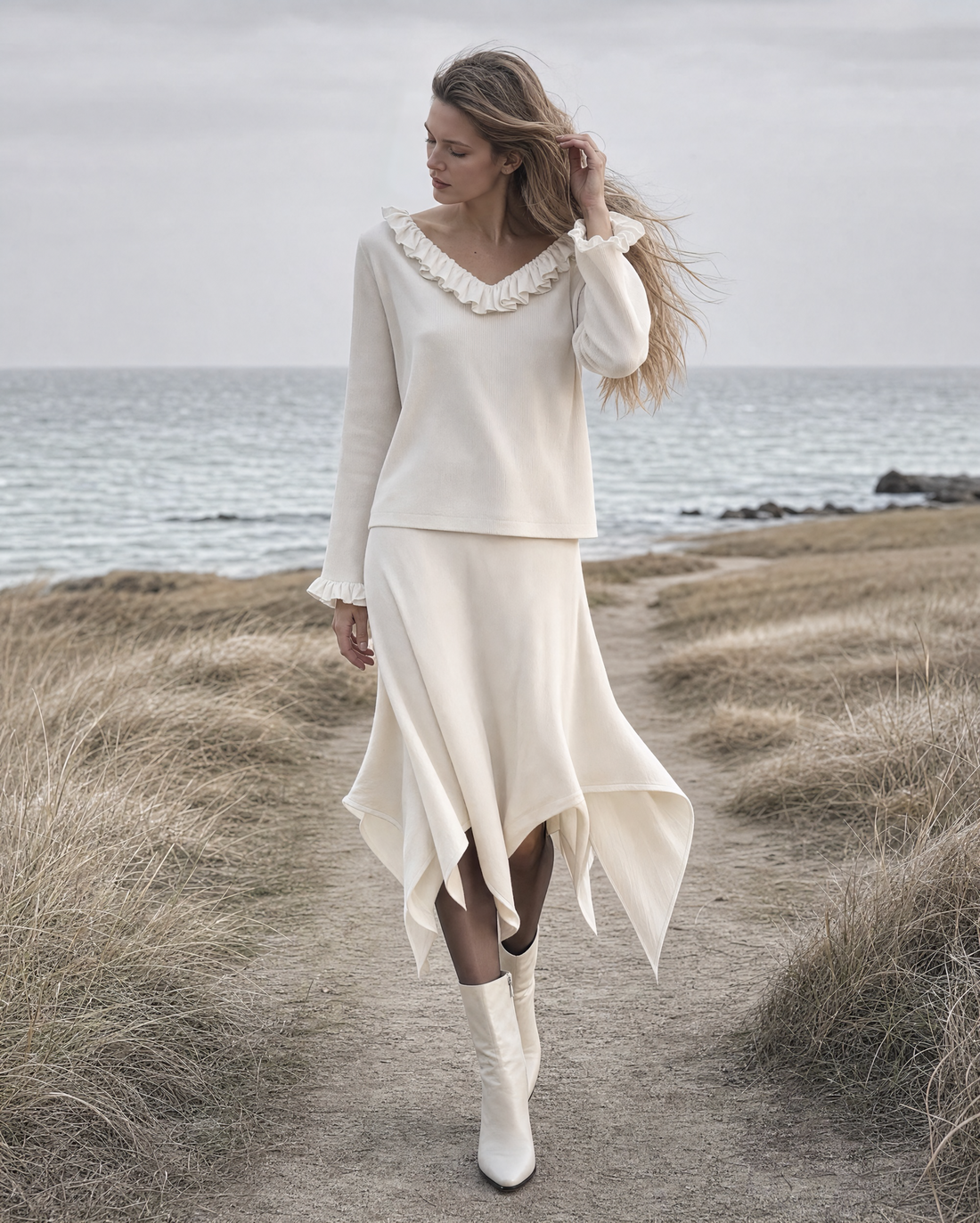 Elegant Cream Knit V-neck Long-sleeve Ruffle Top And Handkerchief Skirt Set MVA002280AA