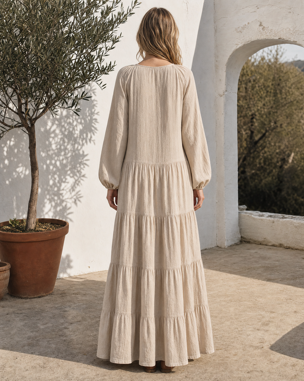 Bohemian Sand Cotton-linen Round-neck Long-sleeve Tiered Maxi Dress MVA002290AA