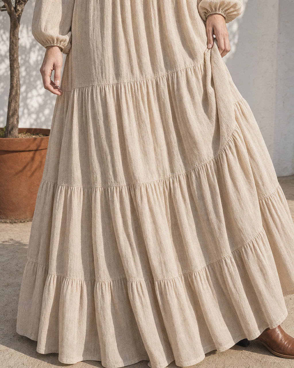Bohemian Sand Cotton-linen Round-neck Long-sleeve Tiered Maxi Dress MVA002290AA