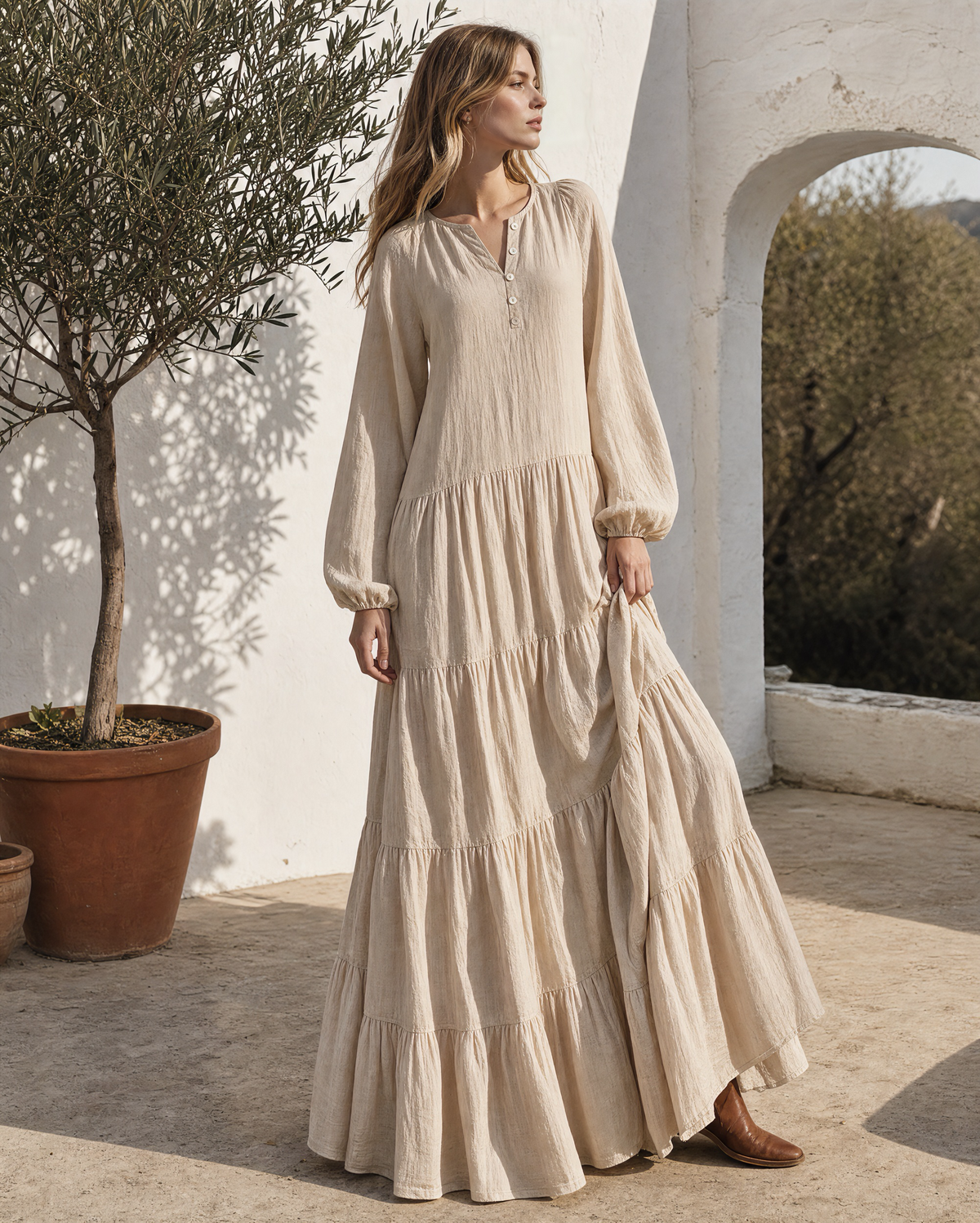 Bohemian Sand Cotton-linen Round-neck Long-sleeve Tiered Maxi Dress MVA002290AA