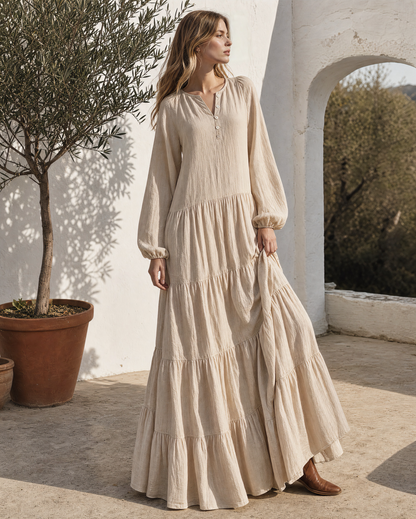 Bohemian Sand Cotton-linen Round-neck Long-sleeve Tiered Maxi Dress MVA002290AA