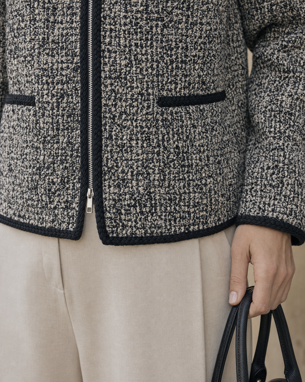 Classic Black And White Tweed Round-neck Long-sleeve Contrast-trim Zip Jacket MVA002300AA