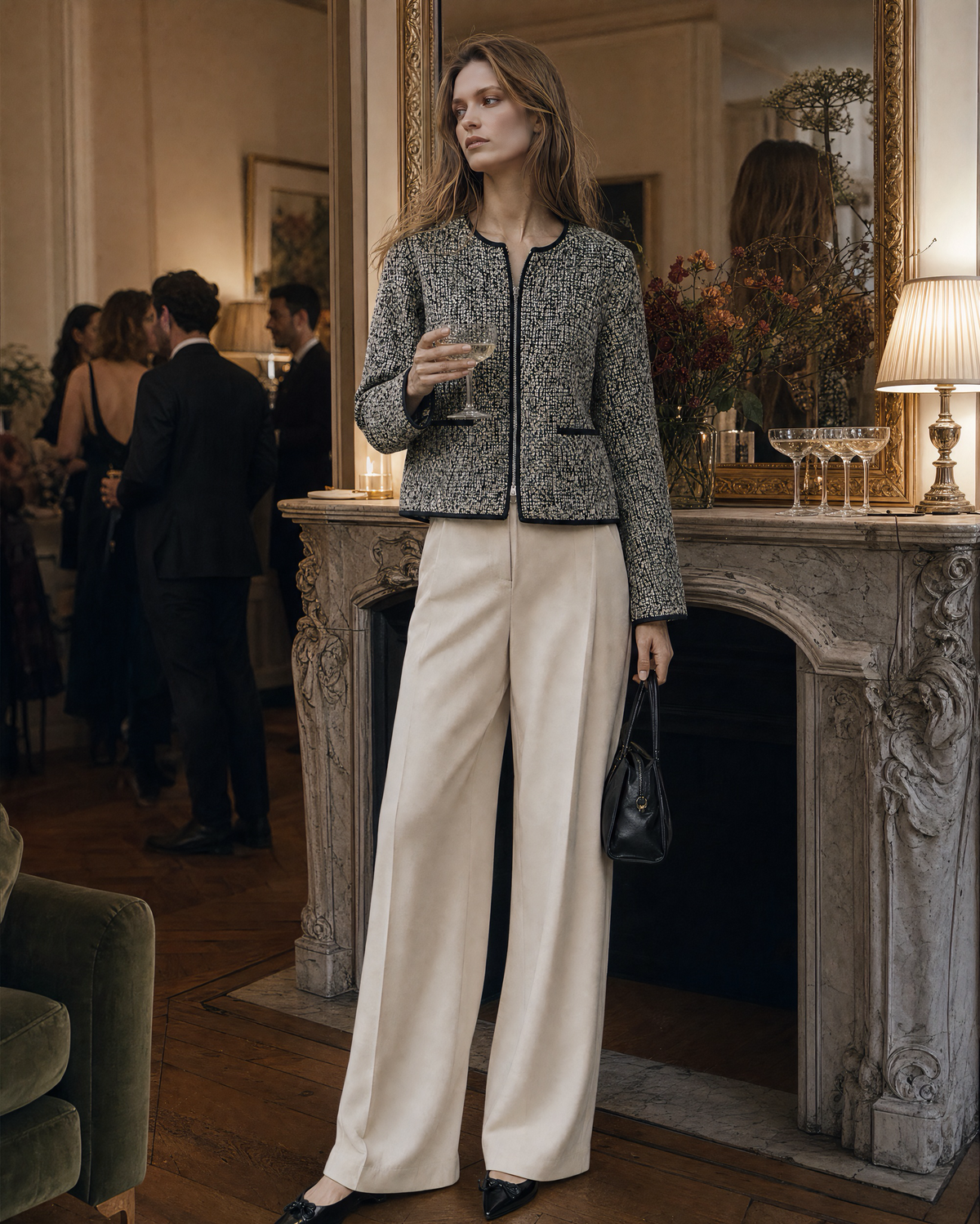 Classic Black And White Tweed Round-neck Long-sleeve Contrast-trim Zip Jacket MVA002300AA
