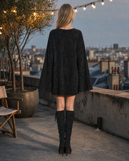 Bohemian Black Velvet V-neck Bell-sleeve Beaded Mini Dress MVA002310AA