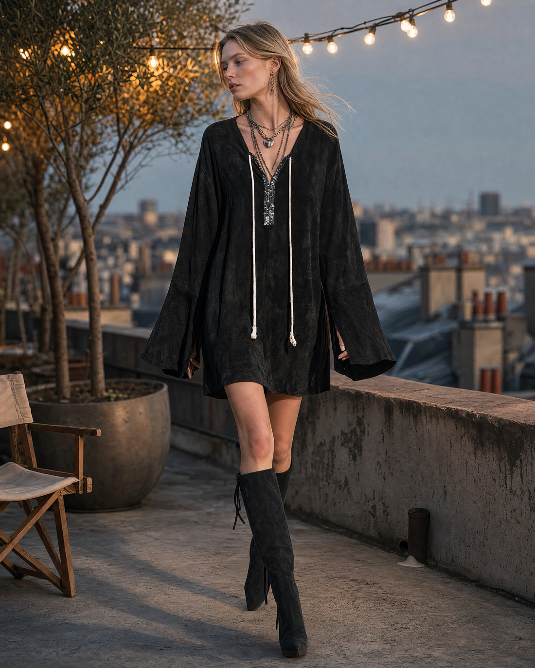 Bohemian Black Velvet V-neck Bell-sleeve Beaded Mini Dress MVA002310AA